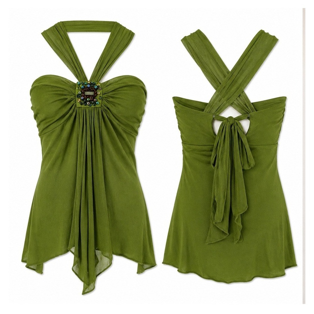 Y2K Arden B. Babydoll Halter Top S Green Silk Beaded Y2K Fairy Indie Festival